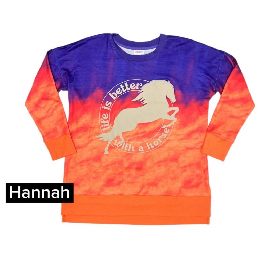 LuLaRoe Womens Hannah Sweatshirt Size 3XL Purple Orange Life is Better Horse NWT